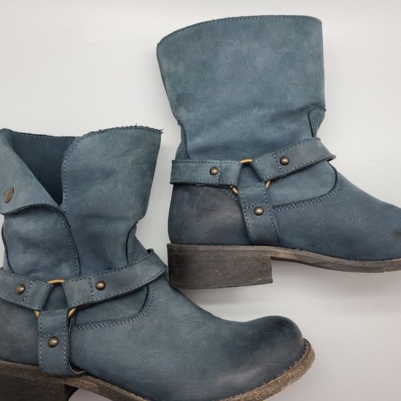 Sundance Blue Leather Harness Moto Boho Pull On Boots Sz 37/6,5 - Picture 3 of 11